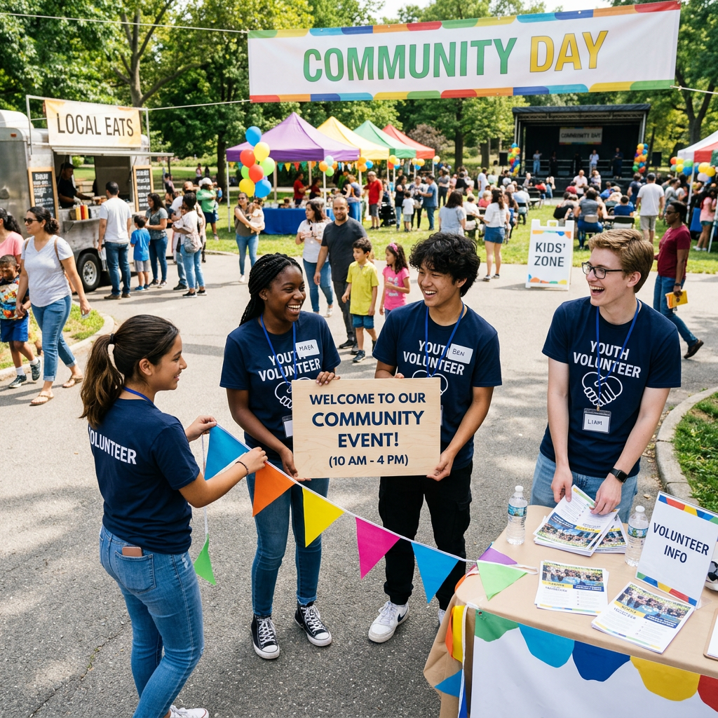 Four youth volunteers holding a welcome sign at a community event